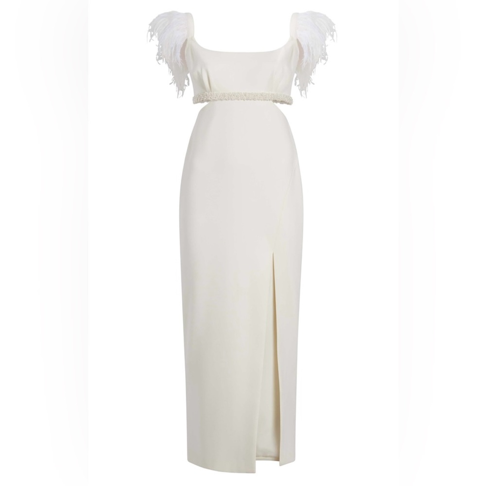 LIKELY White Dress with Feathers & Pearls